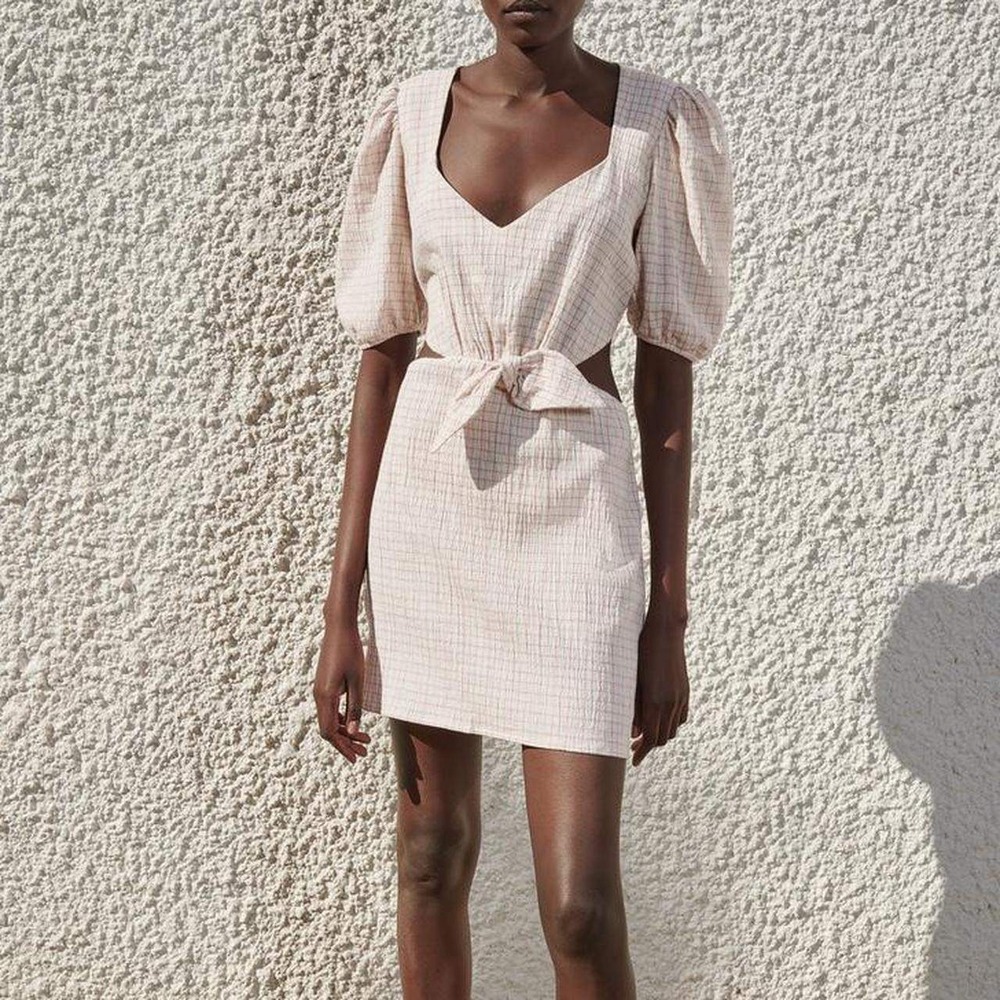 NEW Zara Linen Blend Cut Out Check Mini Dress Size S White Tie Puff Sleeve Sweet